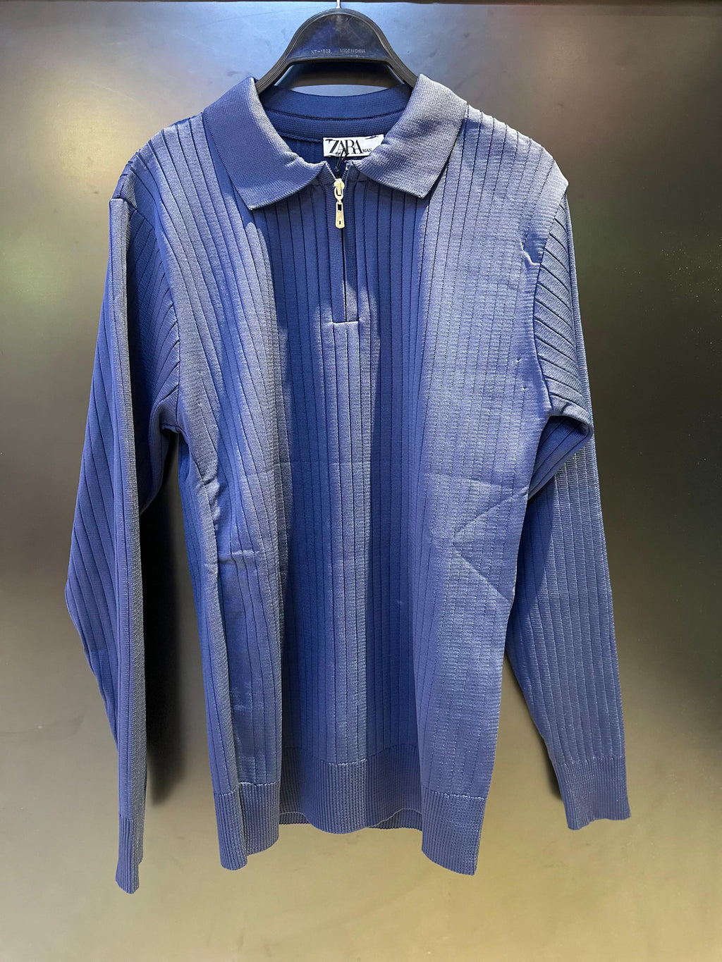 Zara Navy Blue Ribbed Knit Zip-Up Polo Sweater