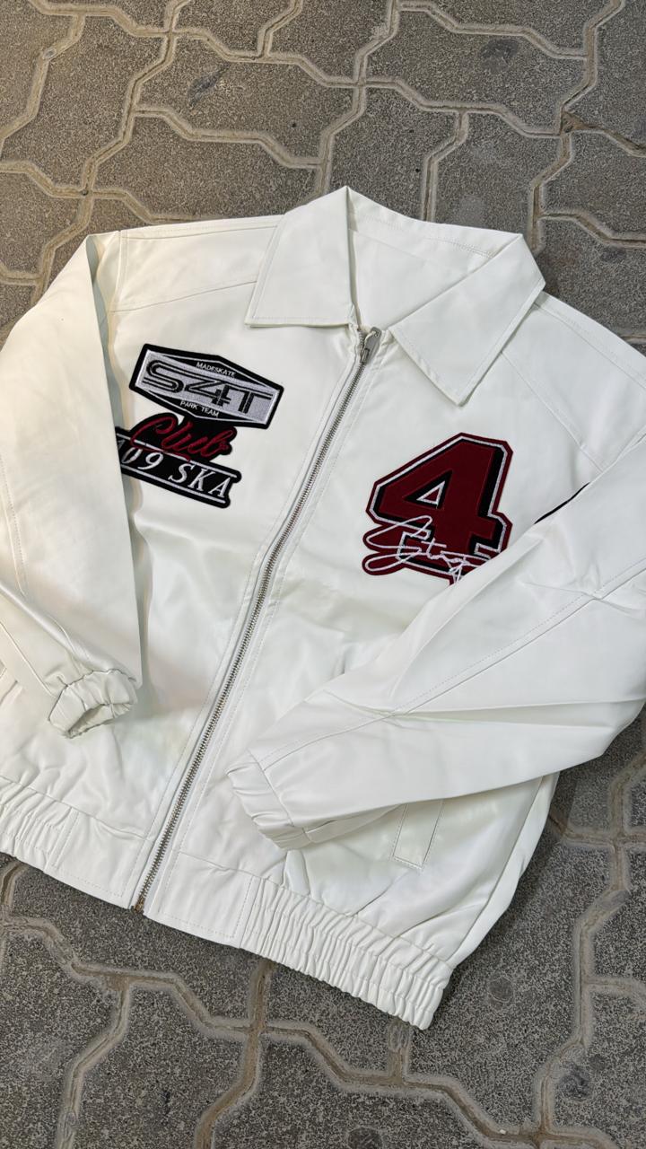 White Faux Leather Racing Jacket with Patches | Embroidered Red "4" & "Club SKA" Logos | Y2K Streetwear