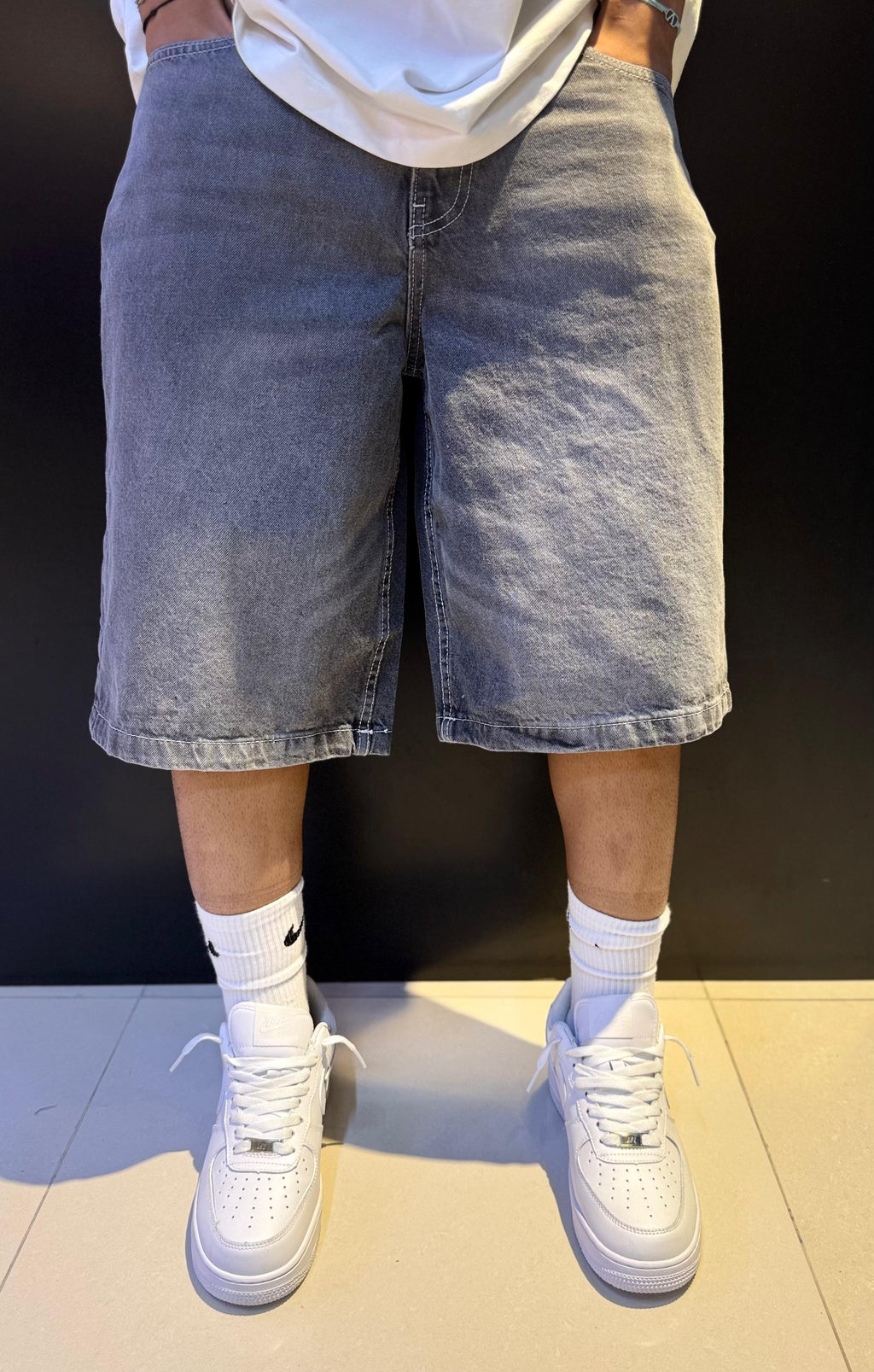Washed Gray Baggy Denim Shorts