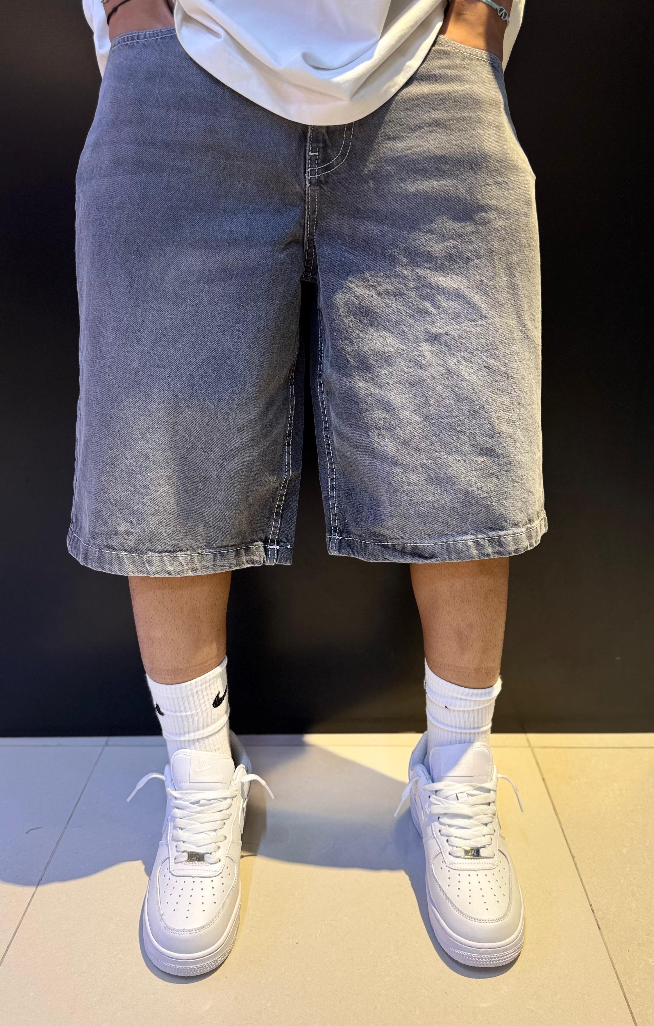 Washed Gray Baggy Denim Shorts