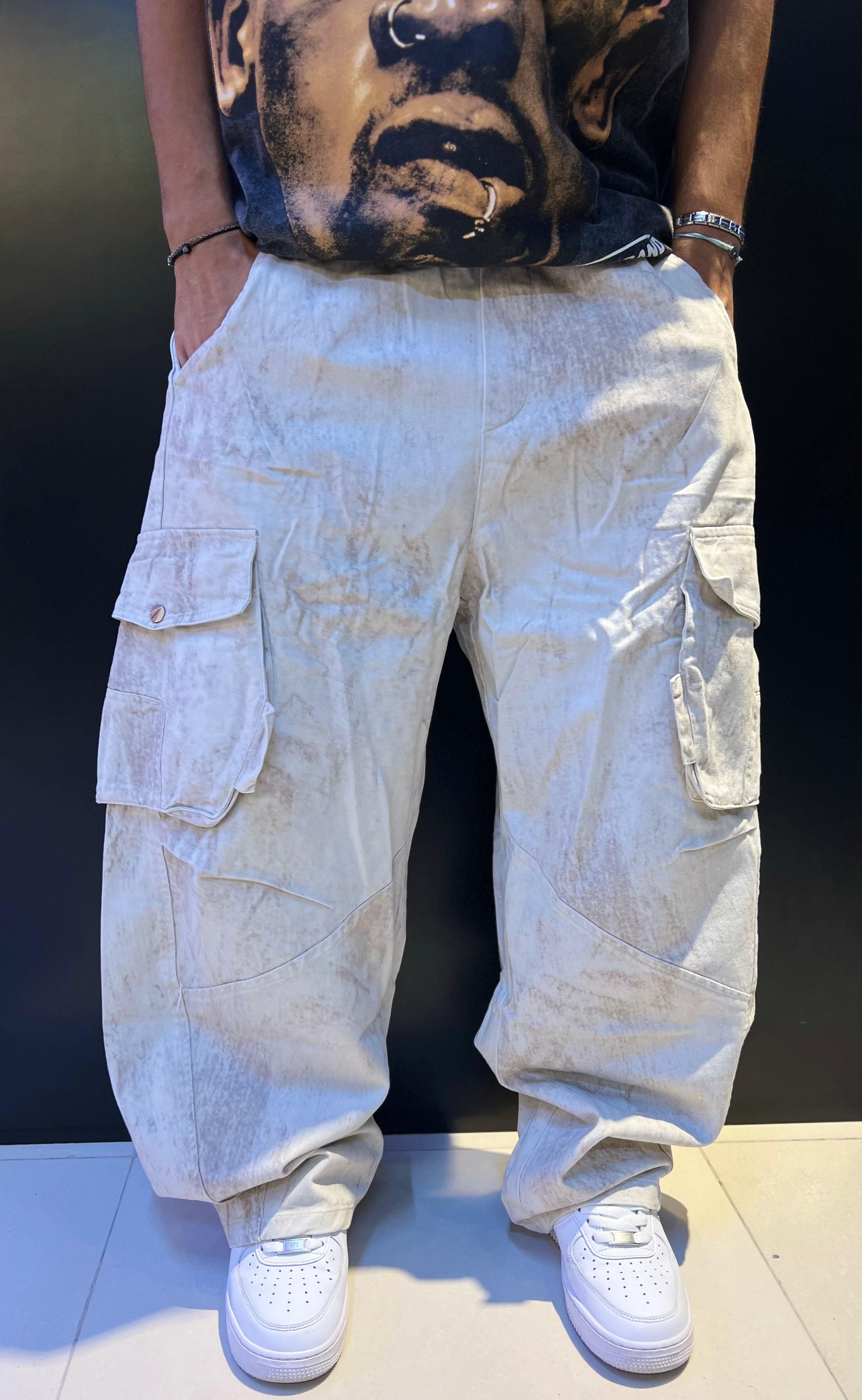 Oversized Distressed Cargo Pants in Stone/Off-White