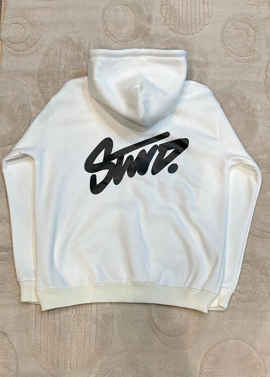STWD. Logo White Pullover Hoodie - Clean Unisex Sweatshirt with Black Drawstrings