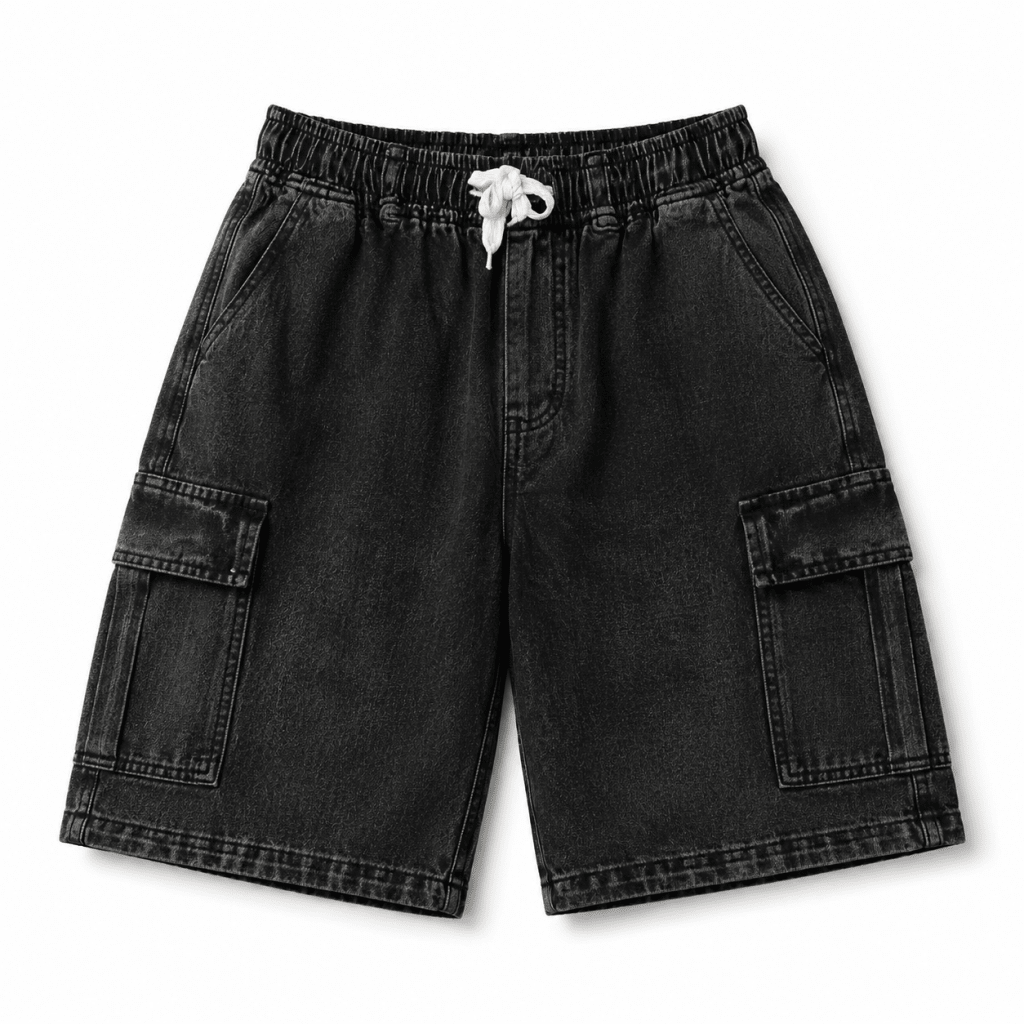 Acid Washed Black Denim Cargo Short - Shorts - Darkdxb