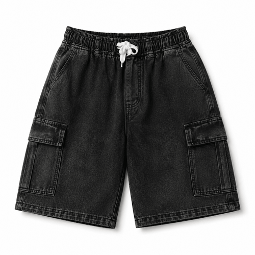 Acid Washed Black Denim Cargo Short - Shorts - Darkdxb