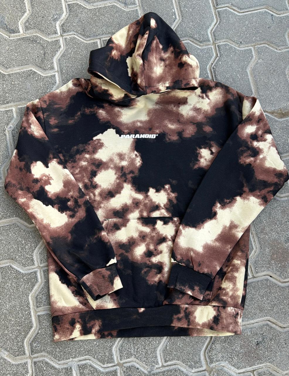Bleach Tie-Dye Cloud Wash "PARANOID" Hoodie | Earth Tone Brown, Black, and Cream Graphic Sweatshirt
