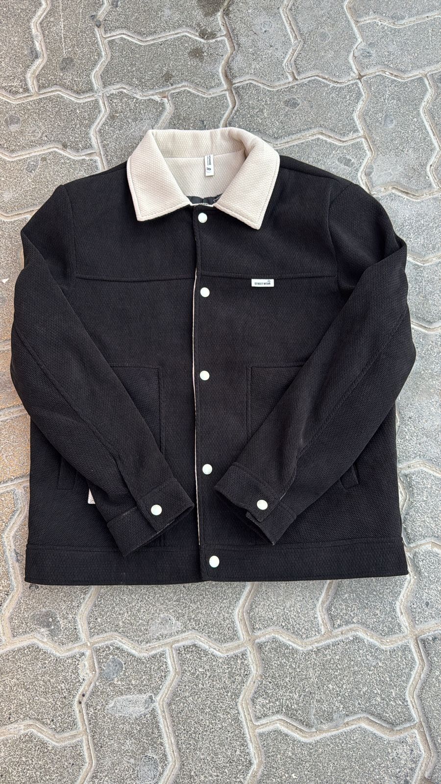 Black Textured Workwear Jacket with Contrast Collar