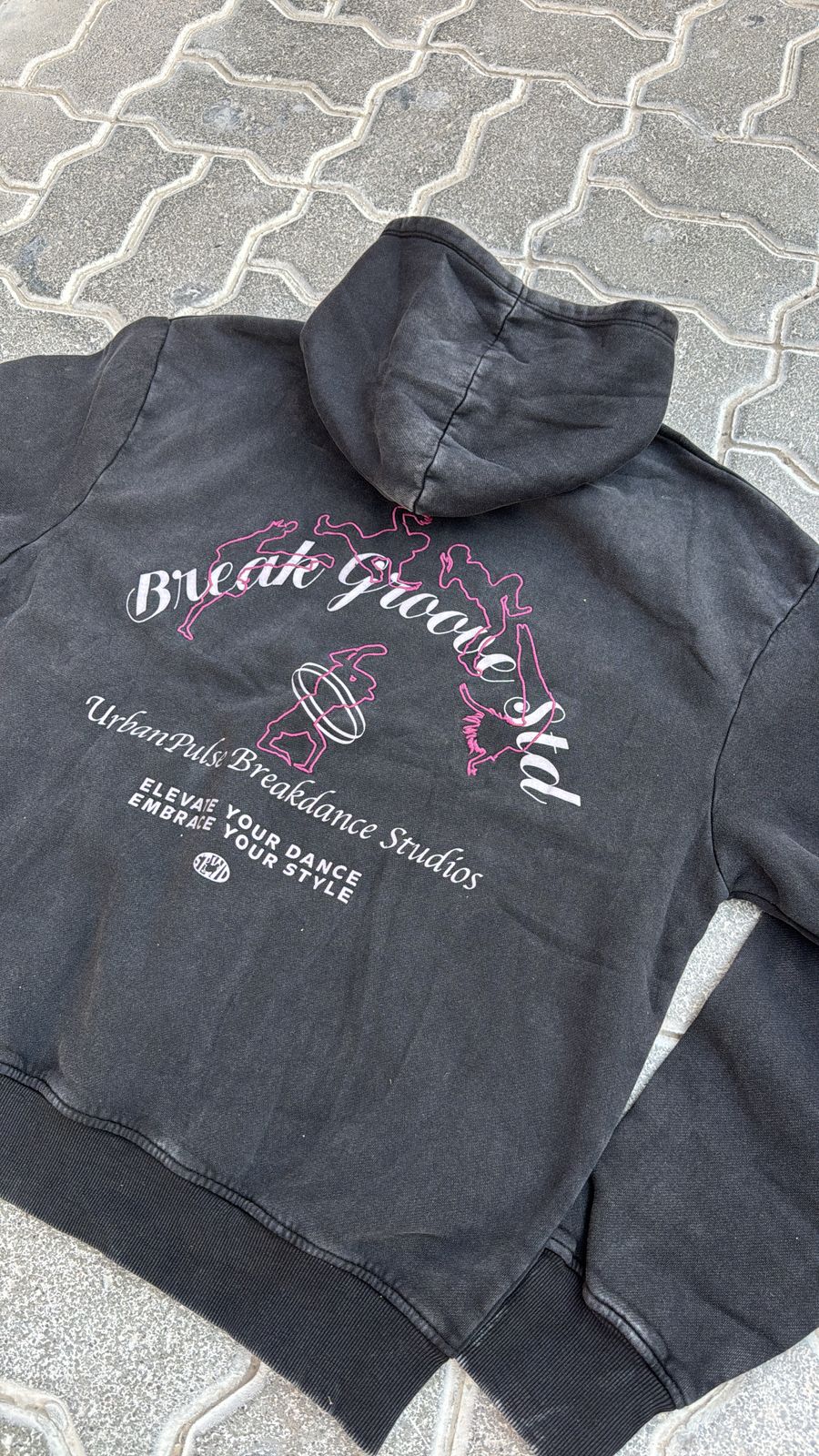 Vintage Faded Black Oversized Hoodie | Acid Wash Charcoal Pullover with Multiple Streetwear Graphics