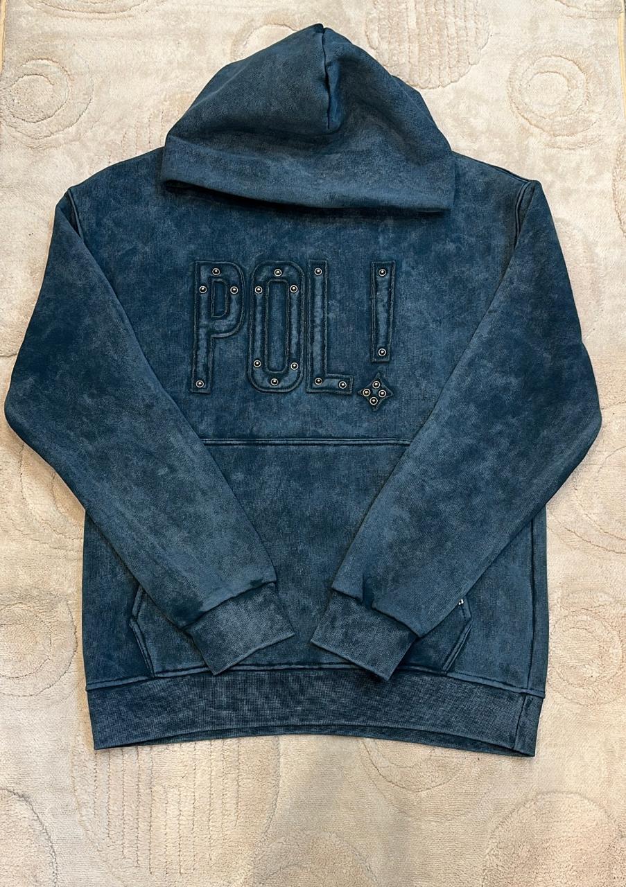 Distressed Teal/Blue POLI! Studded Acid Wash Hoodie Sweatshirt