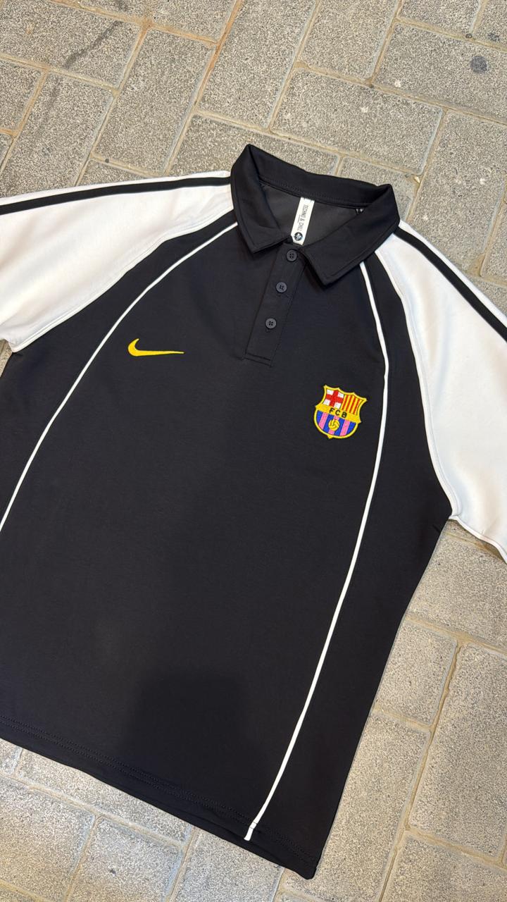 Nike FC Barcelona Black Polo Shirt - White Raglan Sleeves & Crest