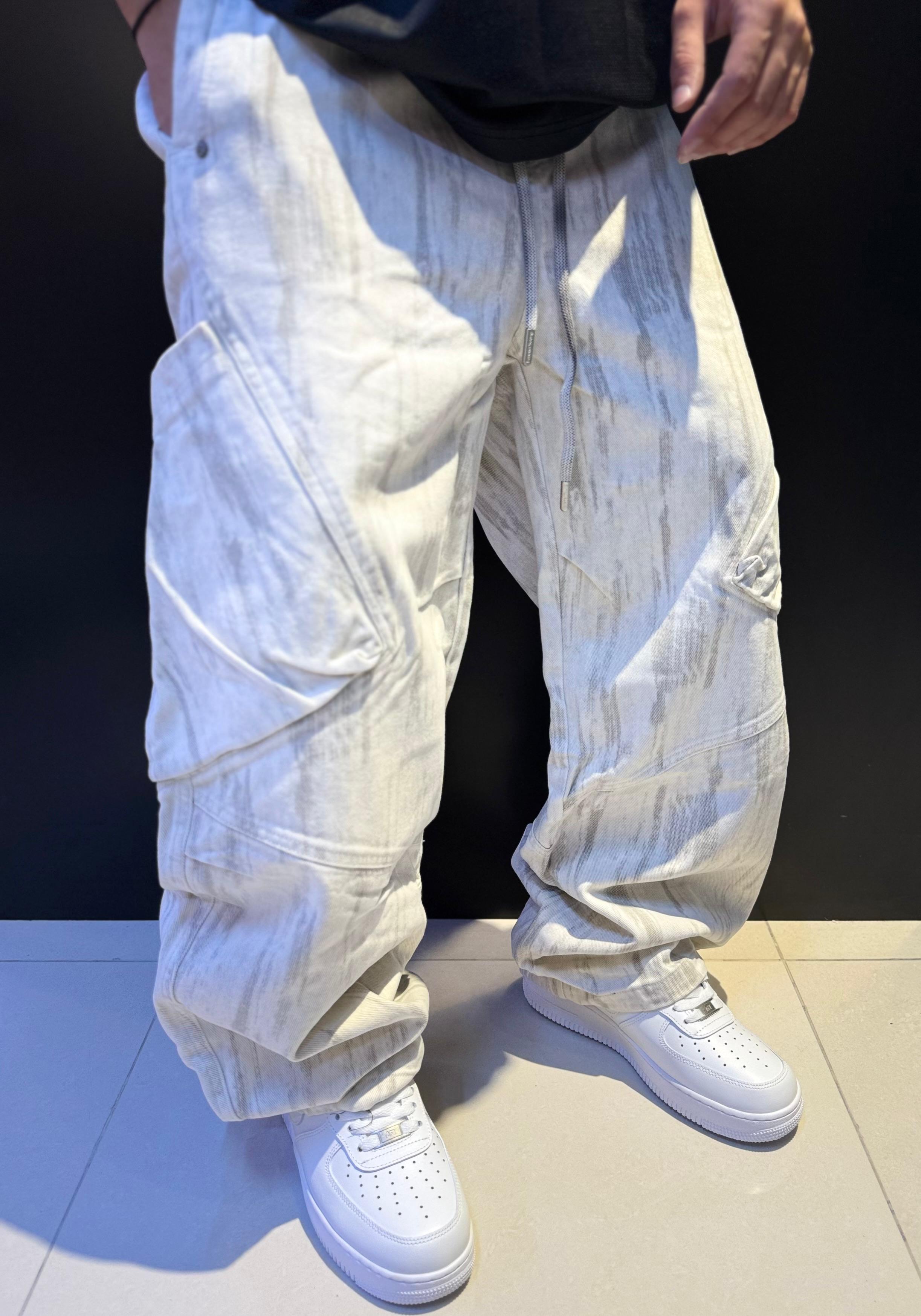 Ultra Baggy White/Gray Streaked Cargo Pants | Oversized Wide-Leg Washed Streetwear Trousers | Y2K Fit