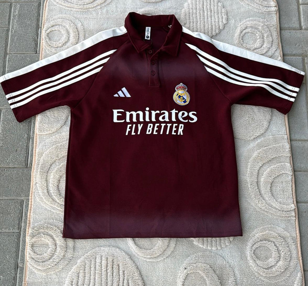Real Madrid Emirates Fly Better Polo Jersey | Maroon/White Striped Sleeves
