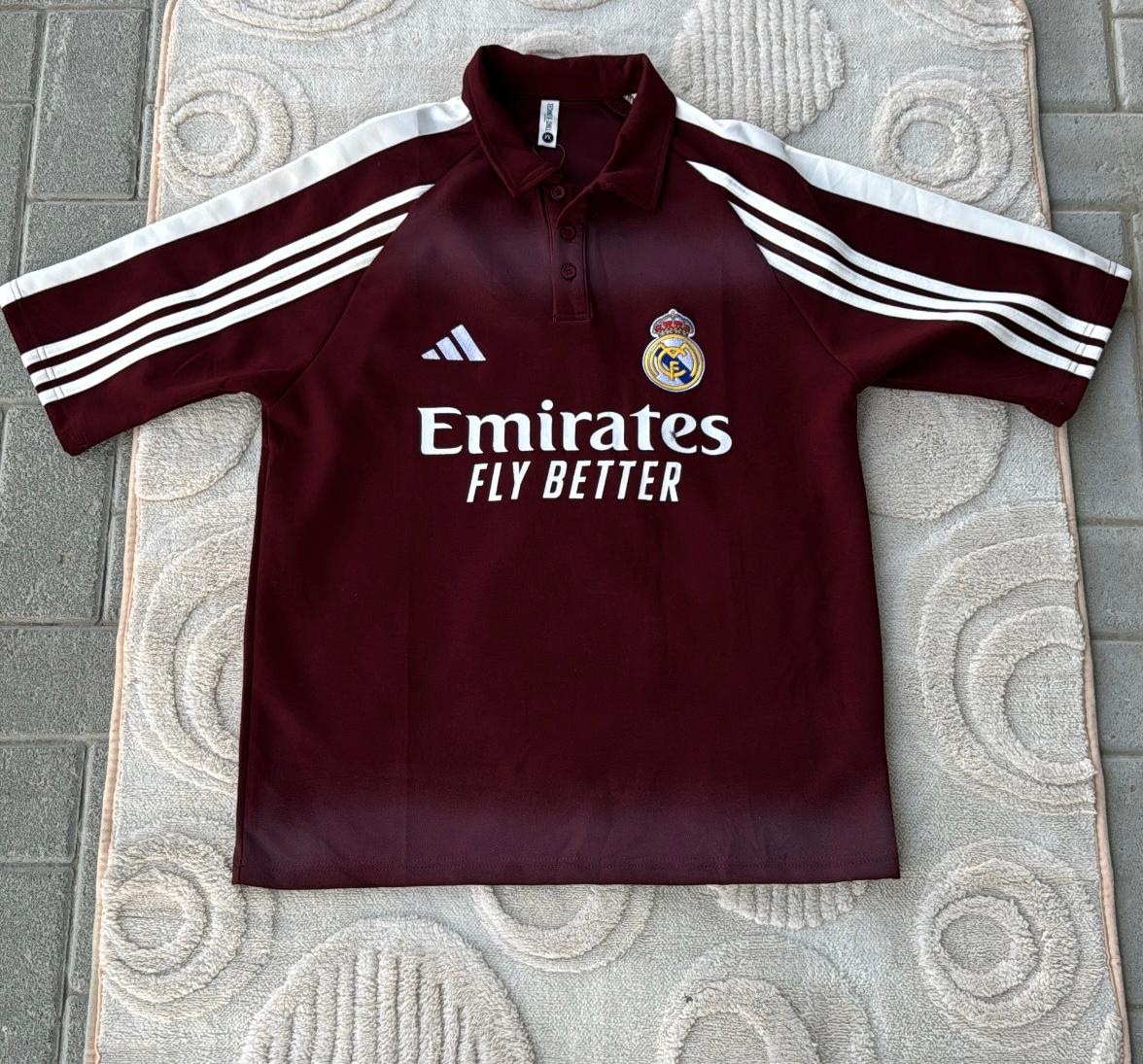 Real Madrid Emirates Fly Better Polo Jersey | Maroon/White Striped Sleeves