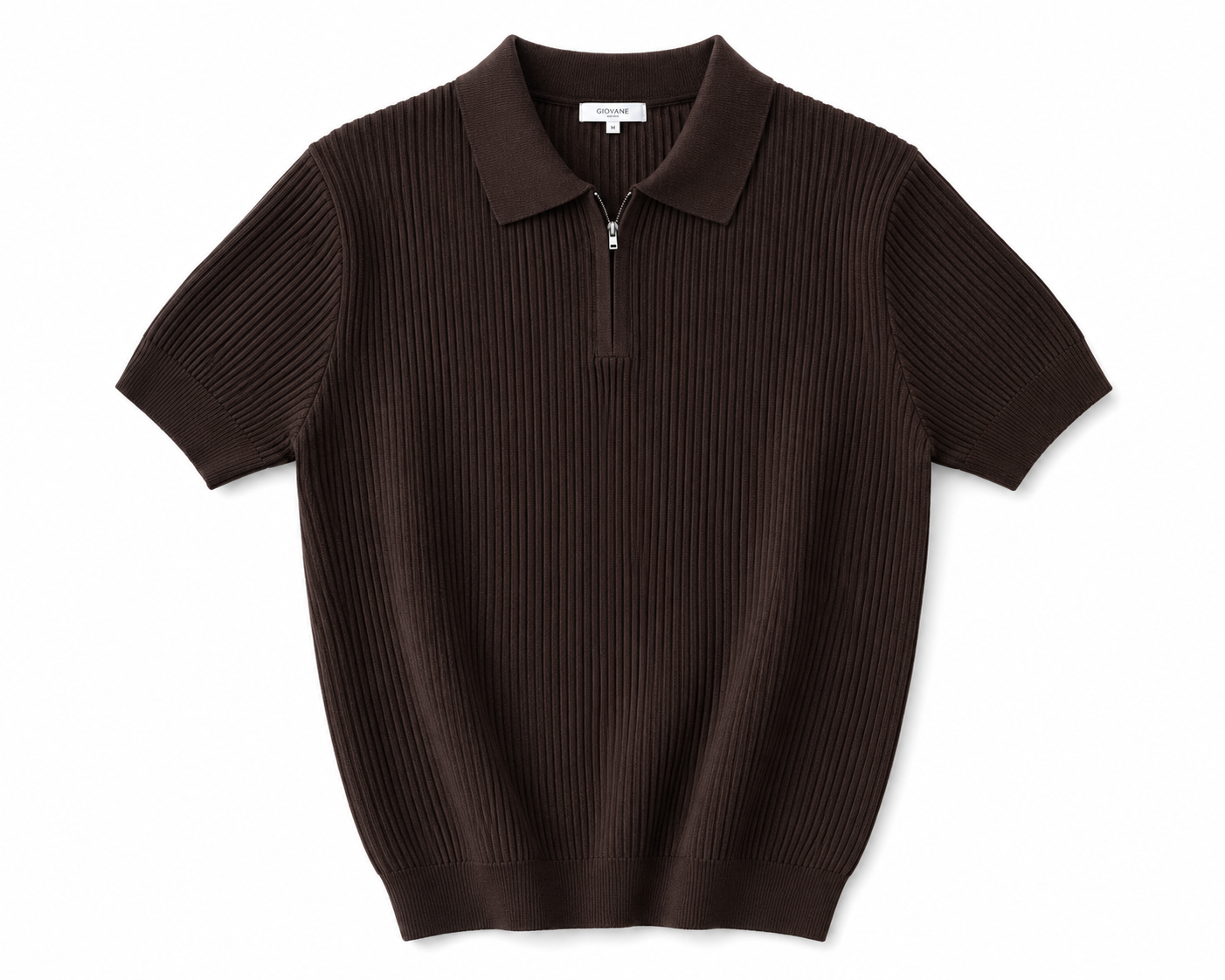Elite Chocolate Brown Ribbed Knit Polo Shirt – Premium Smart Casual Zip Polo