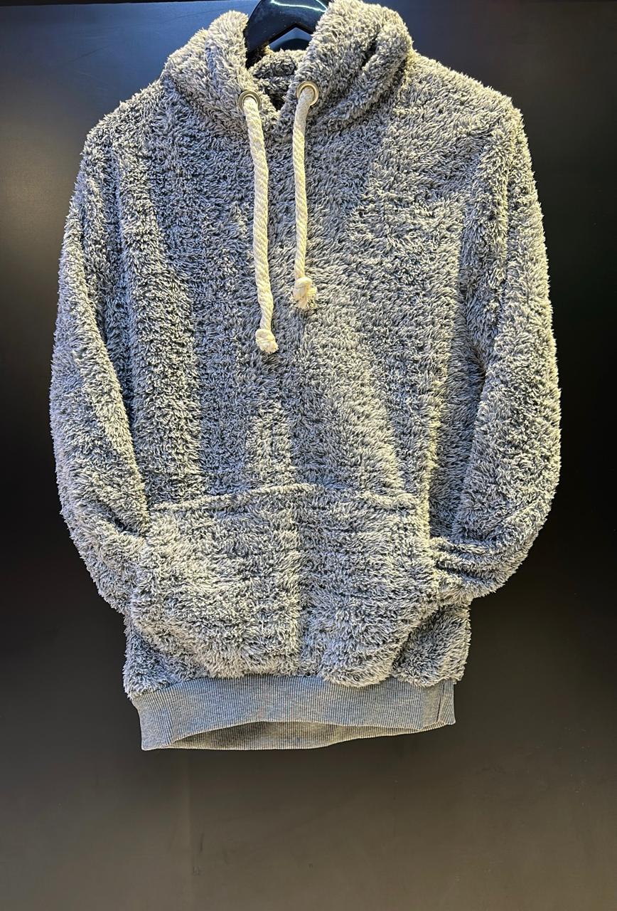 Ultra-Soft Sherpa Fleece Pullover Hoodie - Cozy Gray Cloud Texture