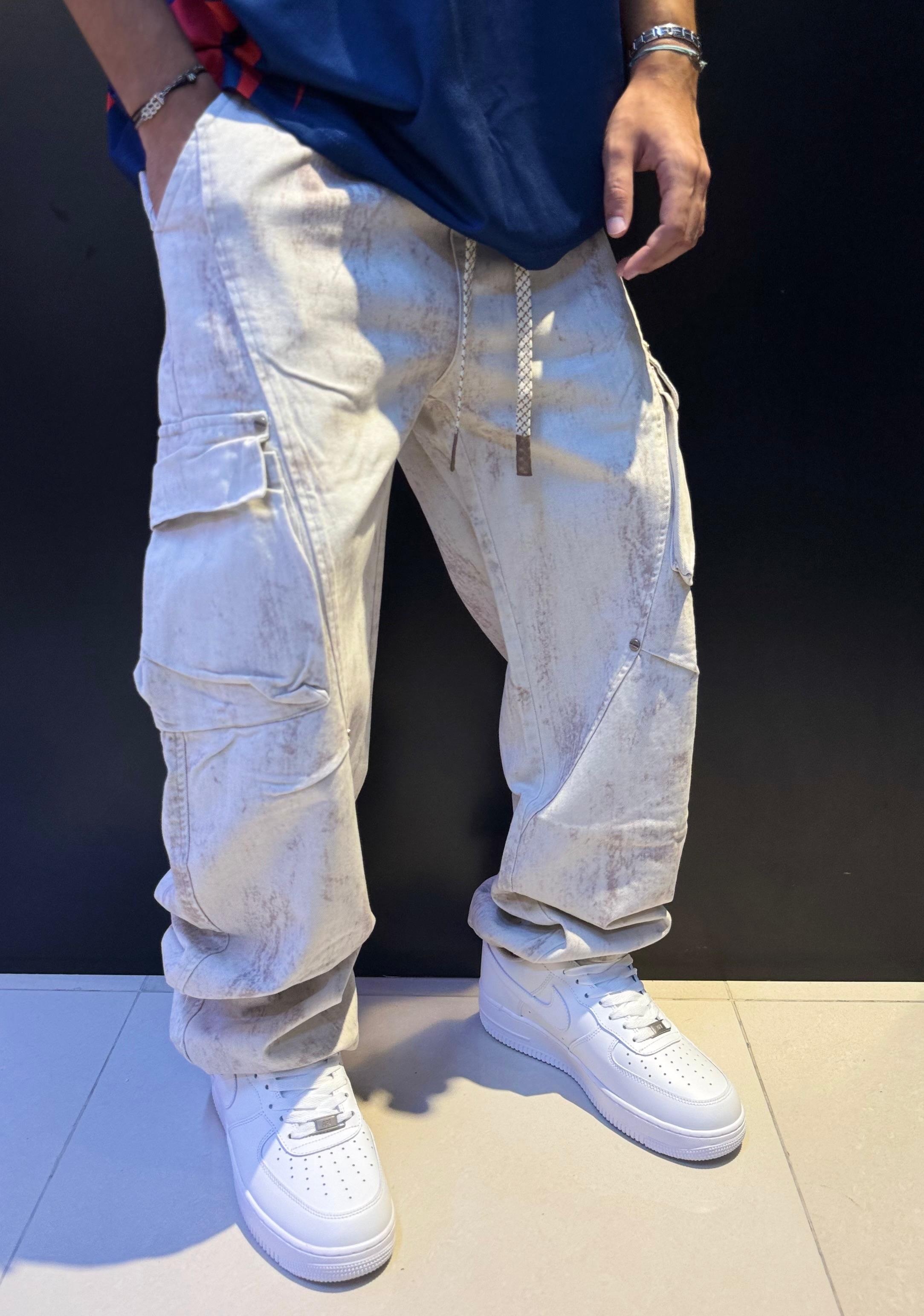 Men's Baggy Cargo Pants - White & Brown Acid Wash