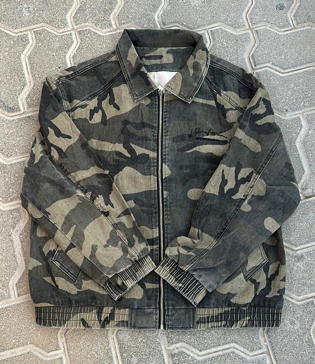 Camo Washed Denim Camouflage Full-Zip Harrington Jacket | Vintage-Style Bomber
