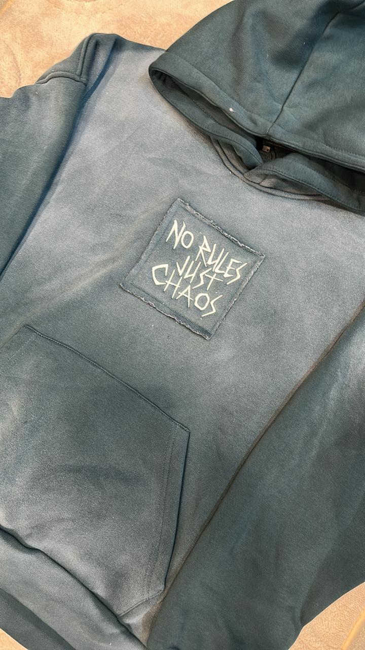 NO RULES JUST CHAOS Dark Teal/Black Ombré Fade Hoodie with "No Rules Just Chaos" Patch