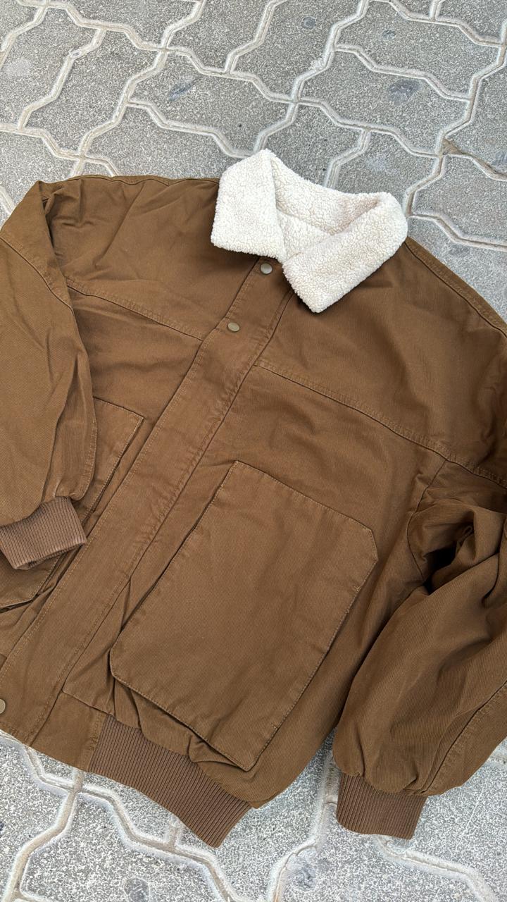 Earthy Brown Canvas Jacket with White Sherpa Collar | Oversized Vintage Workwear Bomber
