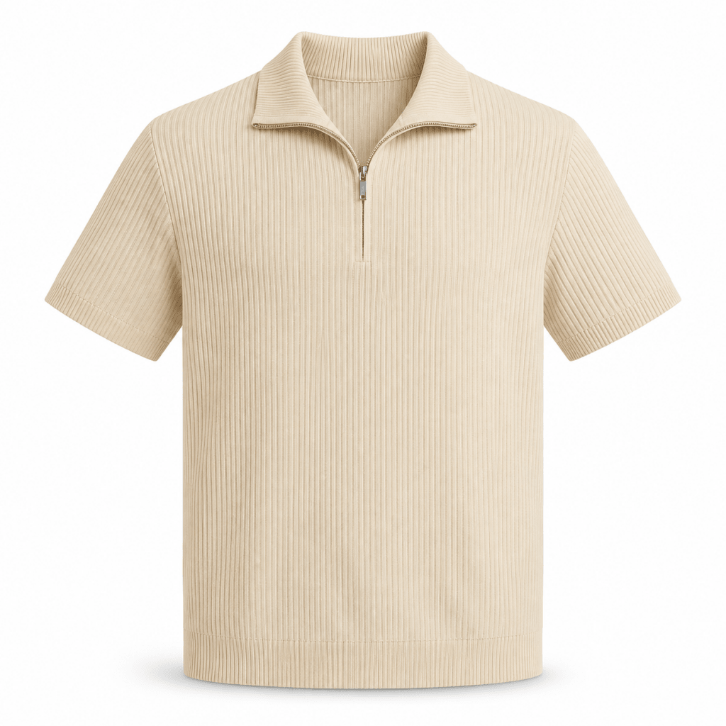 Beige Ribbed Half-Zip Polo Shirt – Short Sleeve - Shirts - Darkdxb