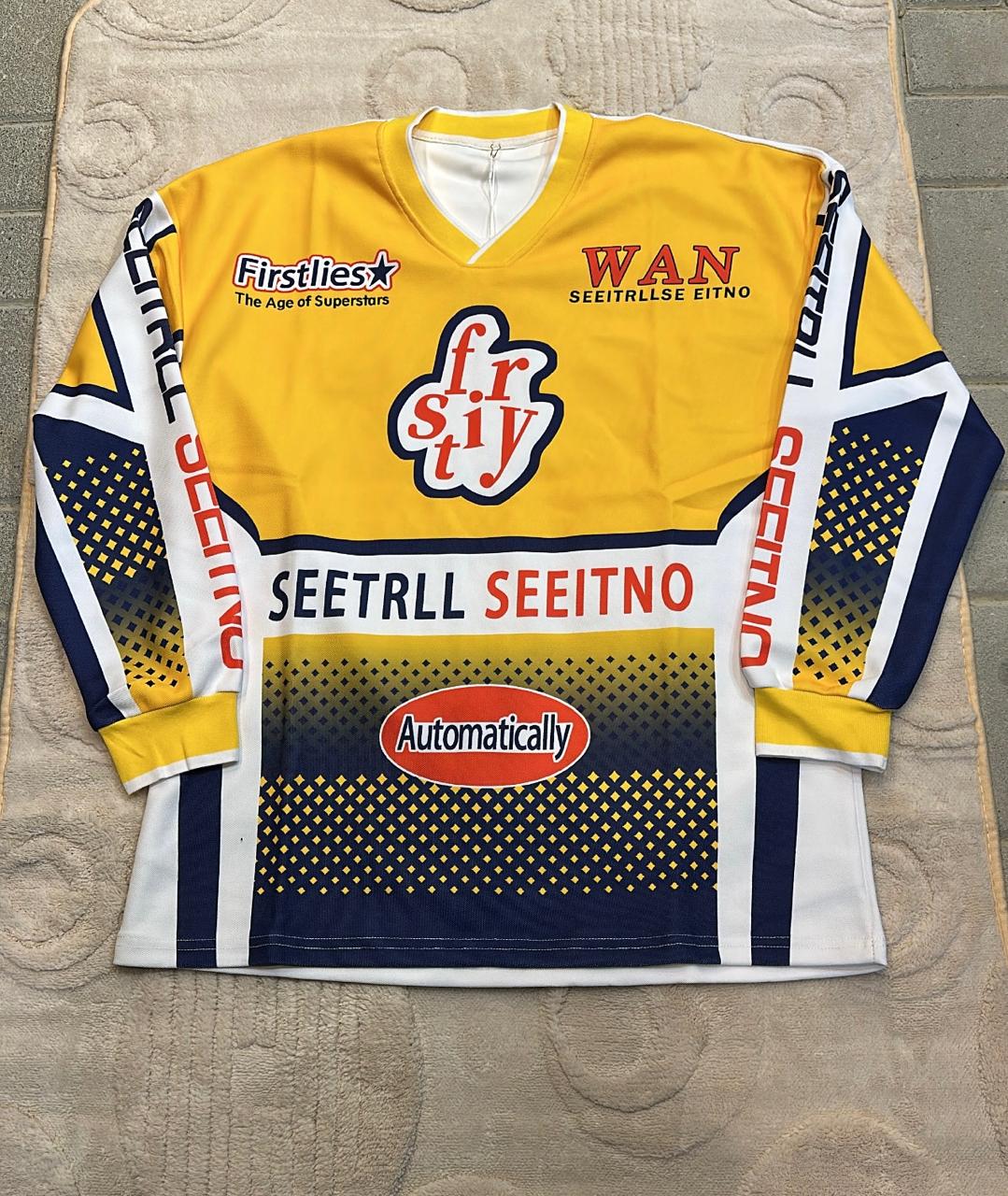 Free size Yellow & Navy Star Racing Jersey | Oversized "Firstlies" Graphic Top