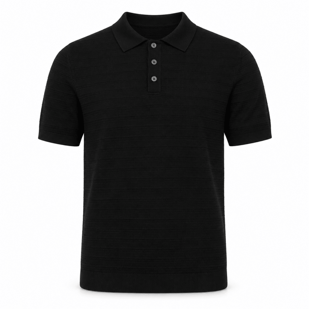Black Boucle Textured Henley Knit Polo Shirt – 3-Button Short Sleeve - Shirts - Darkdxb