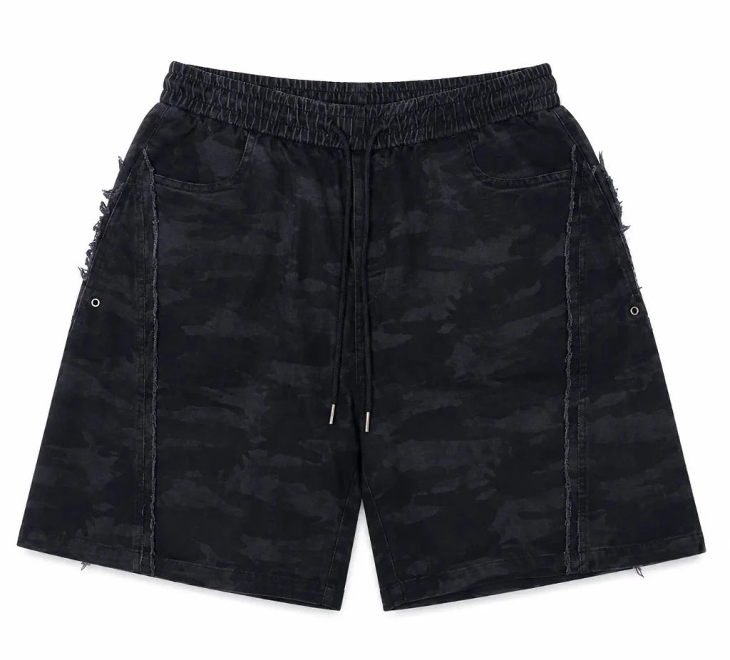 Black Camo Raw-Edge Eyelet Shorts — Dark - Shorts - Darkdxb