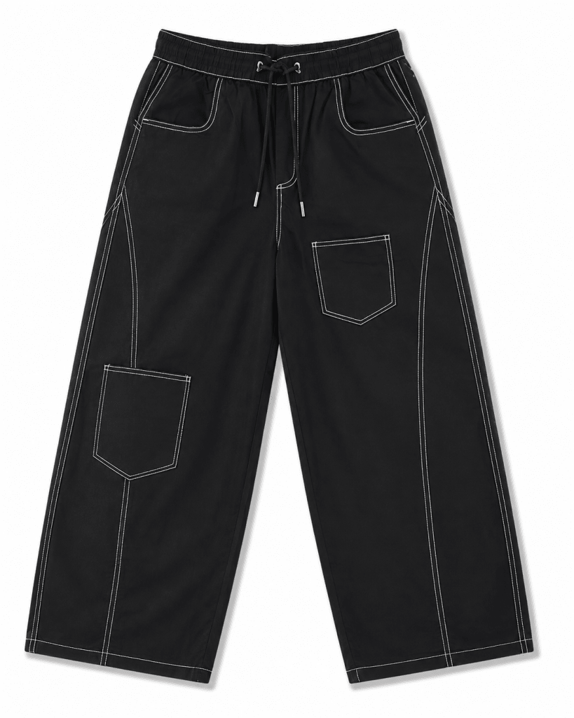 Black Contrast Stitch Wide Leg Pants – Relaxed Fit Utility Streetwear Trousers - Darkdxb