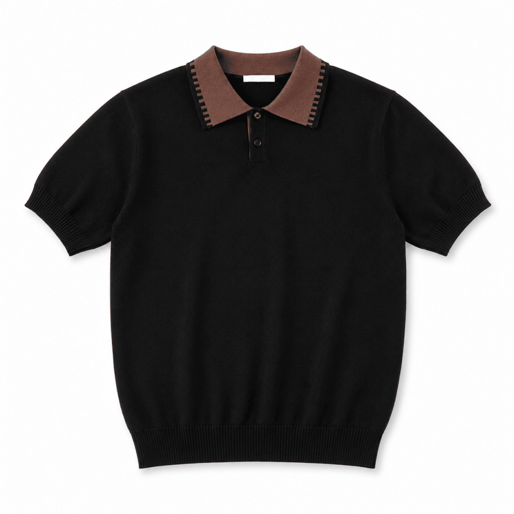 Black Knit Polo Shirt with Brown Collar - Darkdxb