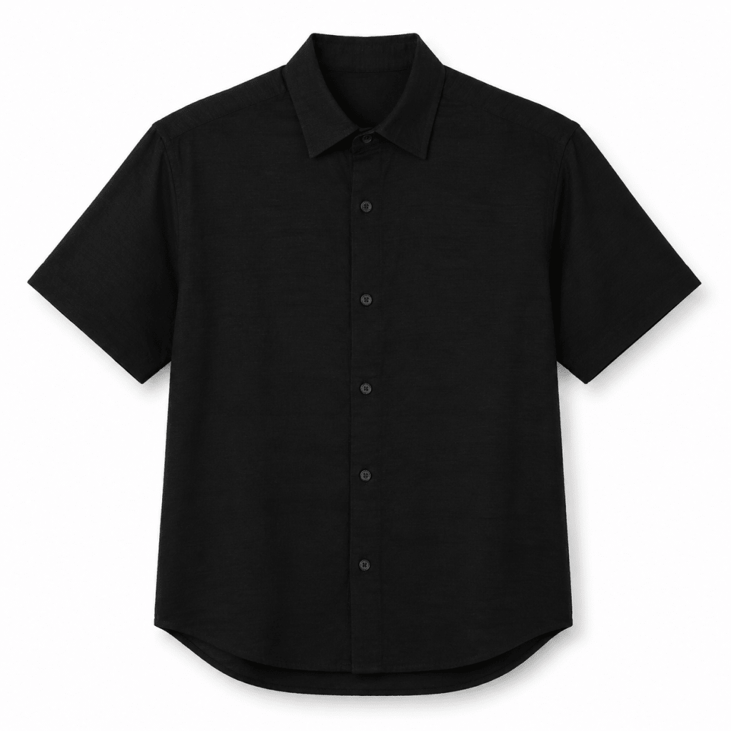Black Linen Mandarin Collar Button-Down Short Sleeve Shirt - Shirts - Darkdxb