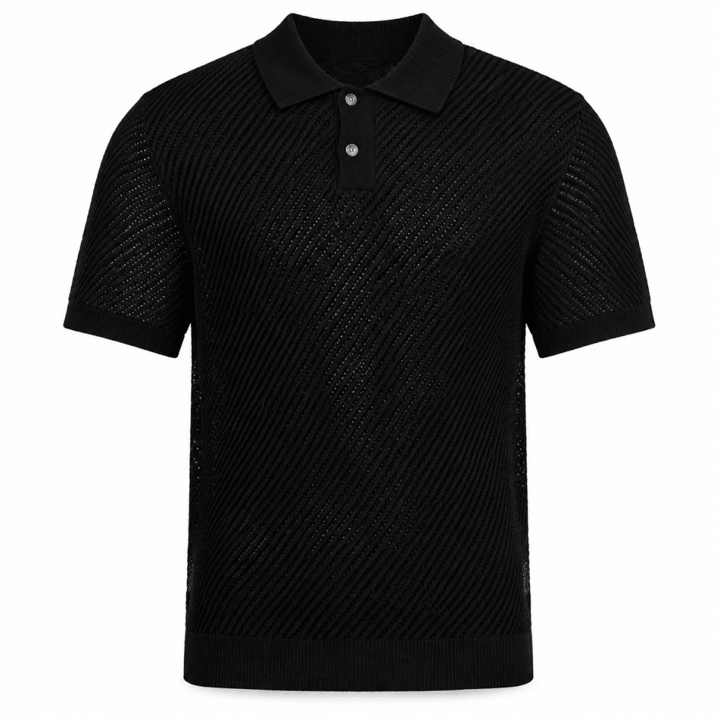 Black Open-Knit Polo Shirt – Tonal Logo Short Sleeve - Shirts - Darkdxb