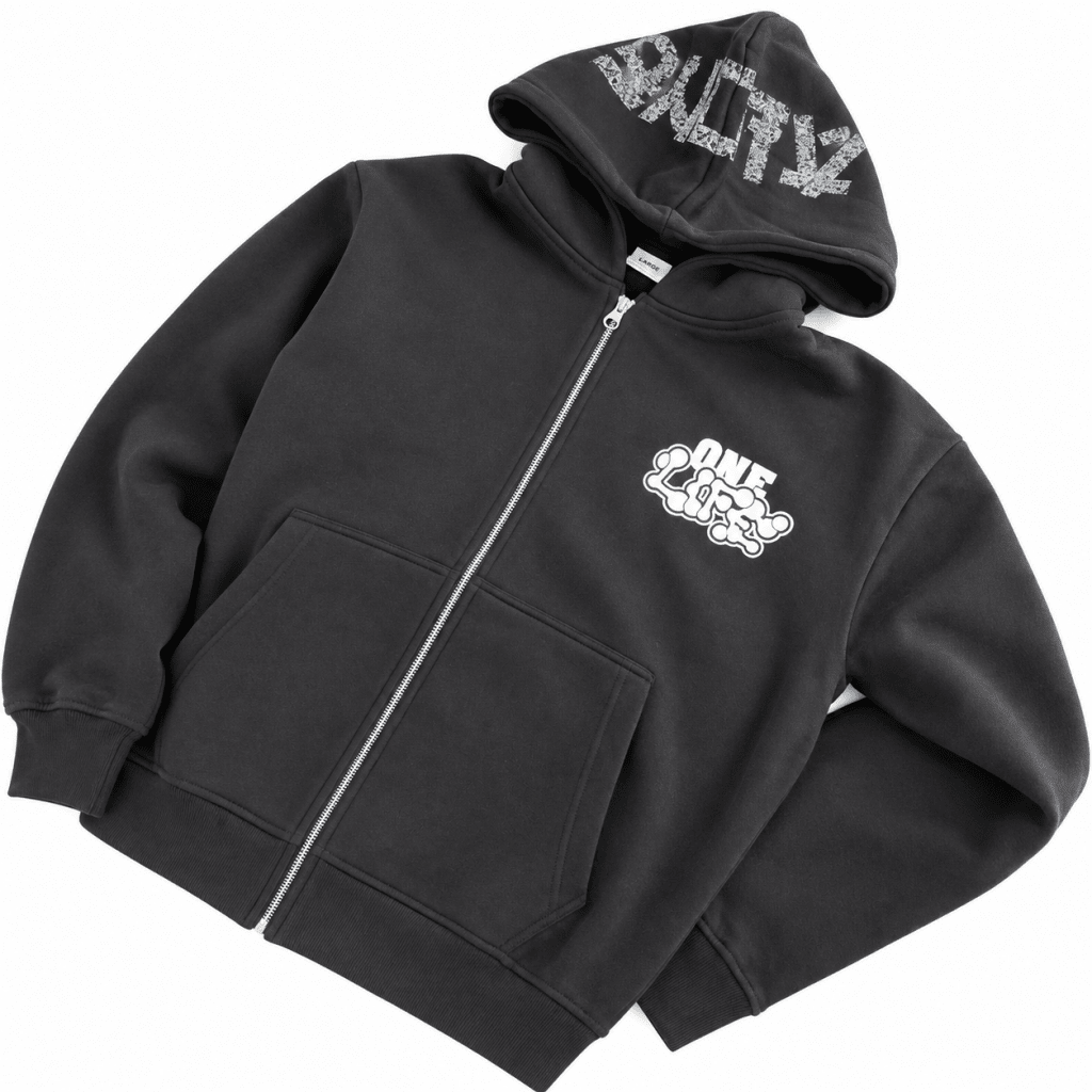 Black Oversized Full-Zip Hoodie | ONE LIFE "ALONE" Distressed Hood Graphic | Streetwear Cartoon Print Sleeve - Darkdxb