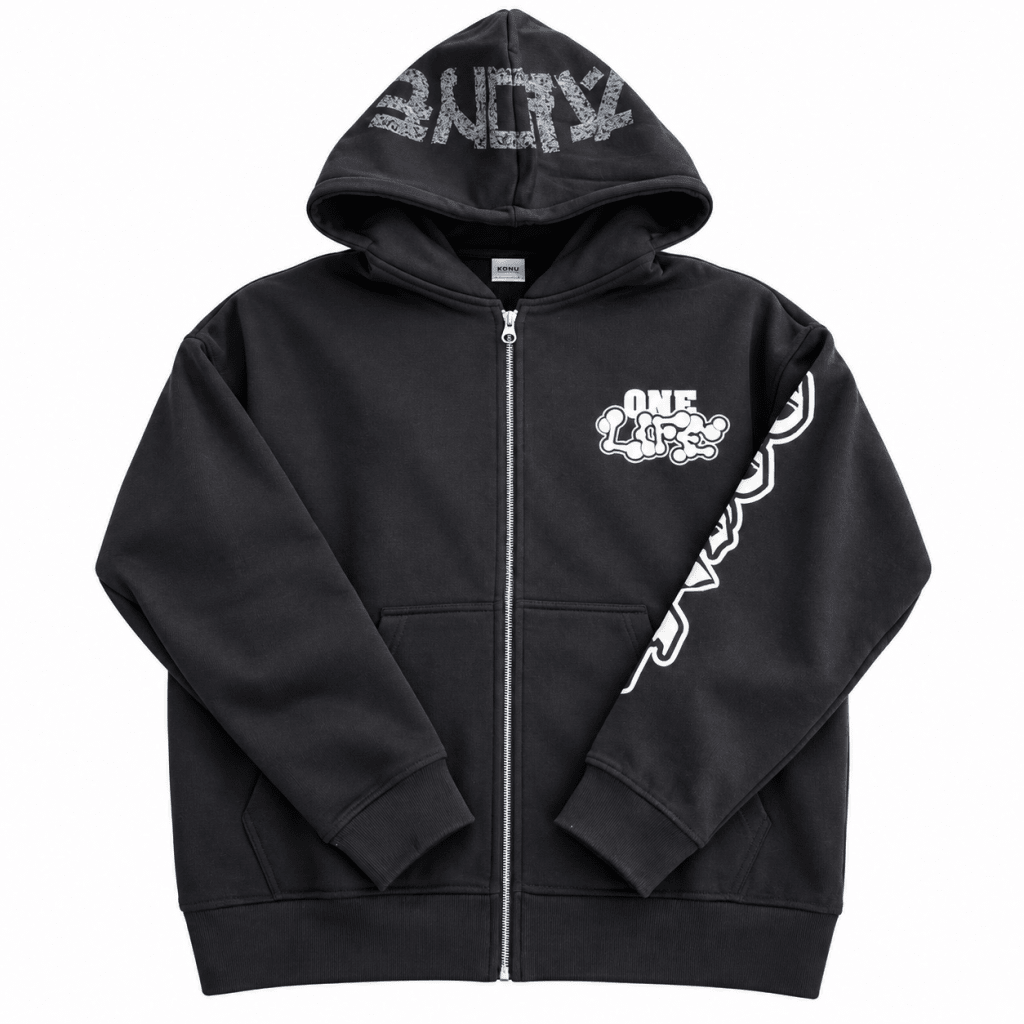 Black Oversized Full-Zip Hoodie | ONE LIFE "ALONE" Distressed Hood Graphic | Streetwear Cartoon Print Sleeve - Darkdxb