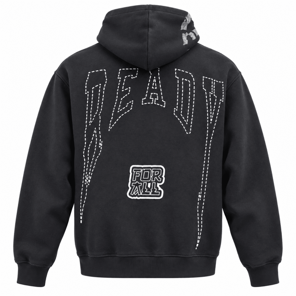 Black Oversized Full-Zip Hoodie | ONE LIFE "ALONE" Distressed Hood Graphic | Streetwear Cartoon Print Sleeve - Darkdxb