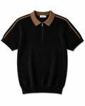 Black Ribbed Knit Half-Zip Polo Shirt with Camel Collar – Premium Smart Casual Top - Darkdxb