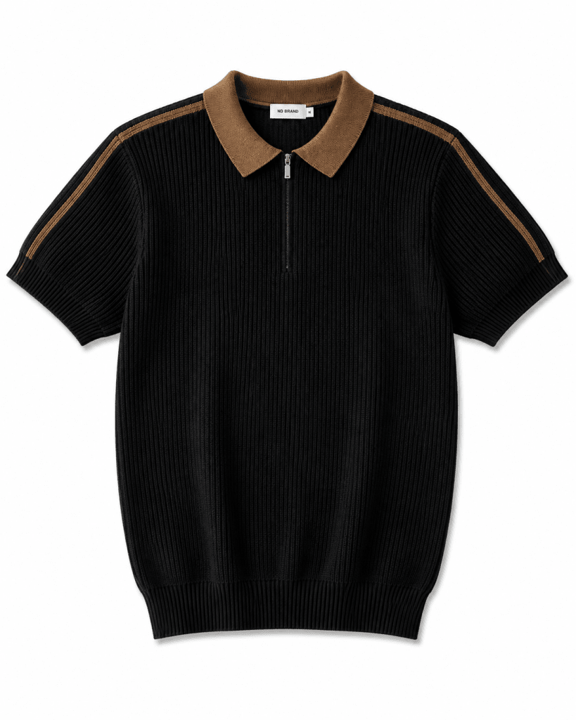 Black Ribbed Knit Half-Zip Polo Shirt with Camel Collar – Premium Smart Casual Top - Darkdxb