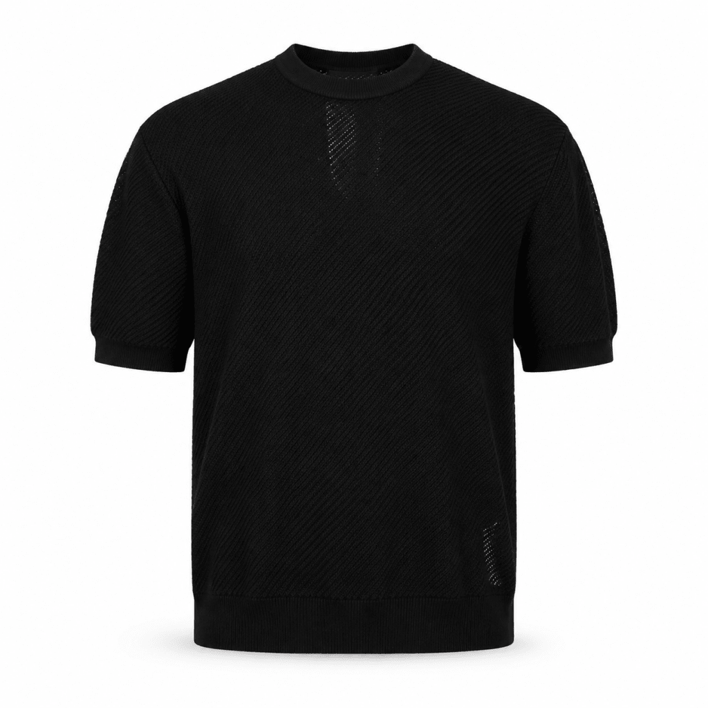 Black Tonal Jacquard Knit Crew Neck T-Shirt – Mesh Panel Detail - Shirts - Darkdxb
