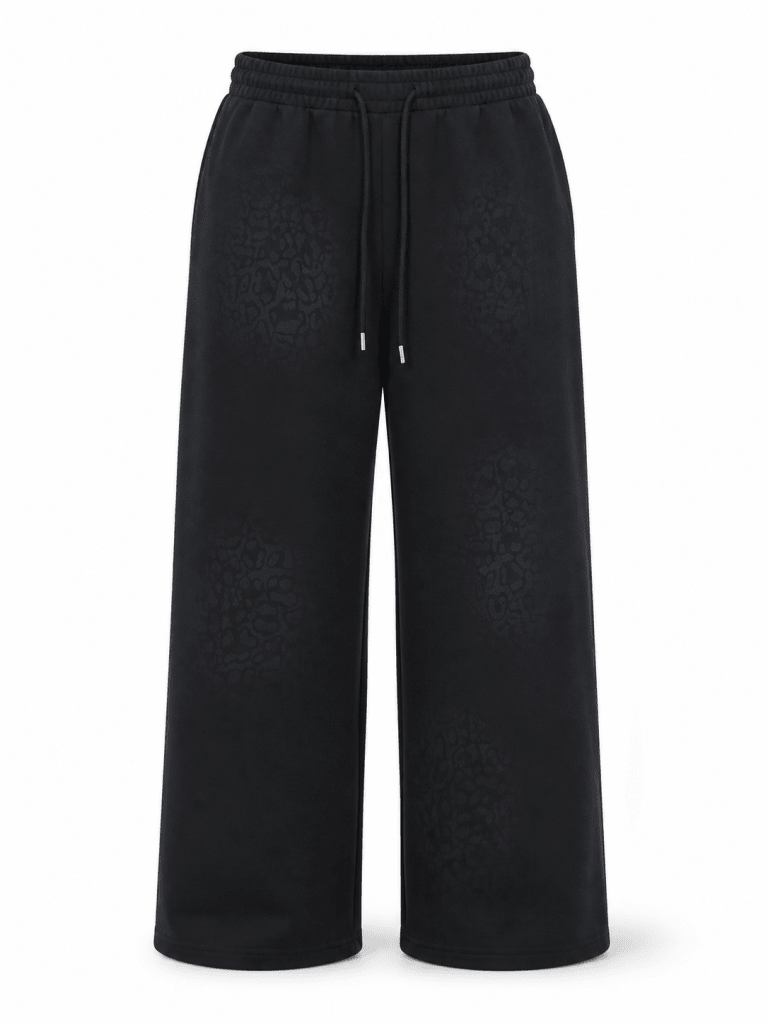 Black Wide-Leg Drawstring Pants with Tonal Leopard Print - Darkdxb