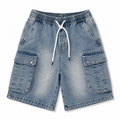 Blue Washed Denim Cargo Shorts – Relaxed Fit Utility Streetwear Shorts - Darkdxb