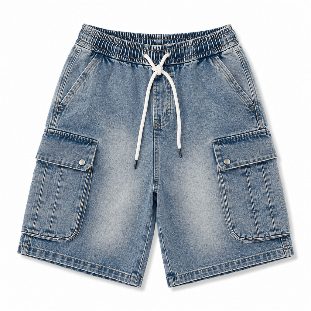 Blue Washed Denim Cargo Shorts – Relaxed Fit Utility Streetwear Shorts - Darkdxb