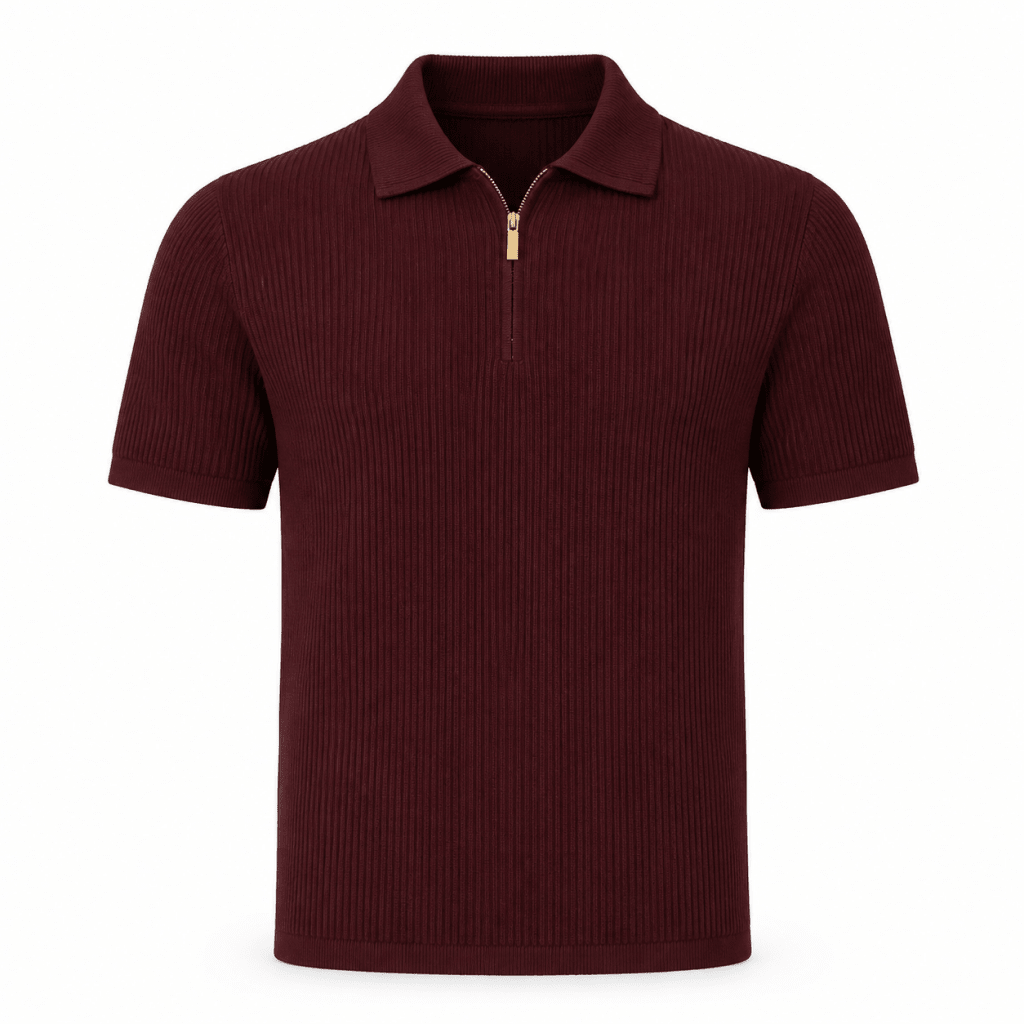 Burgundy Half-Zip Knit Polo Shirt – Gold Zip Short Sleeve - Shirts - Darkdxb