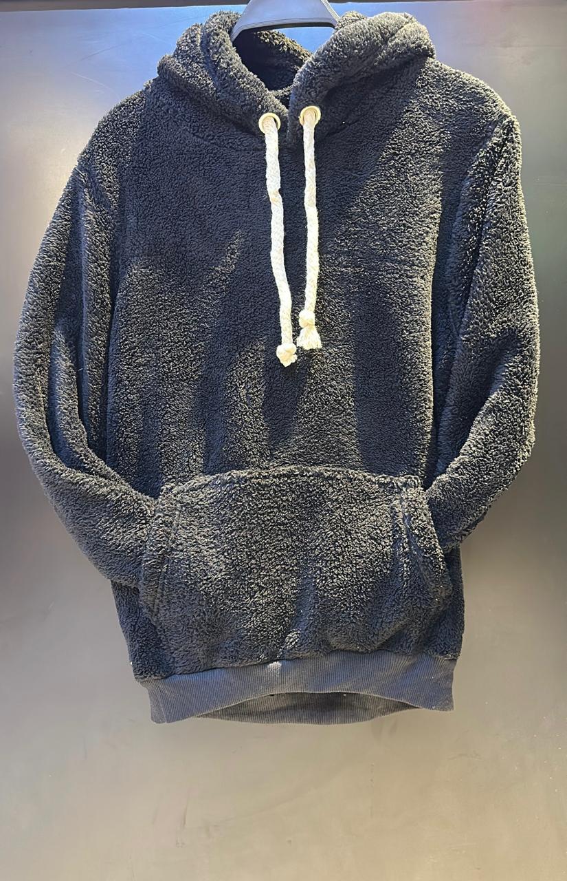 Ultra-Soft Black Teddy Fleece Pullover Hoodie - Cozy Contrast Cord