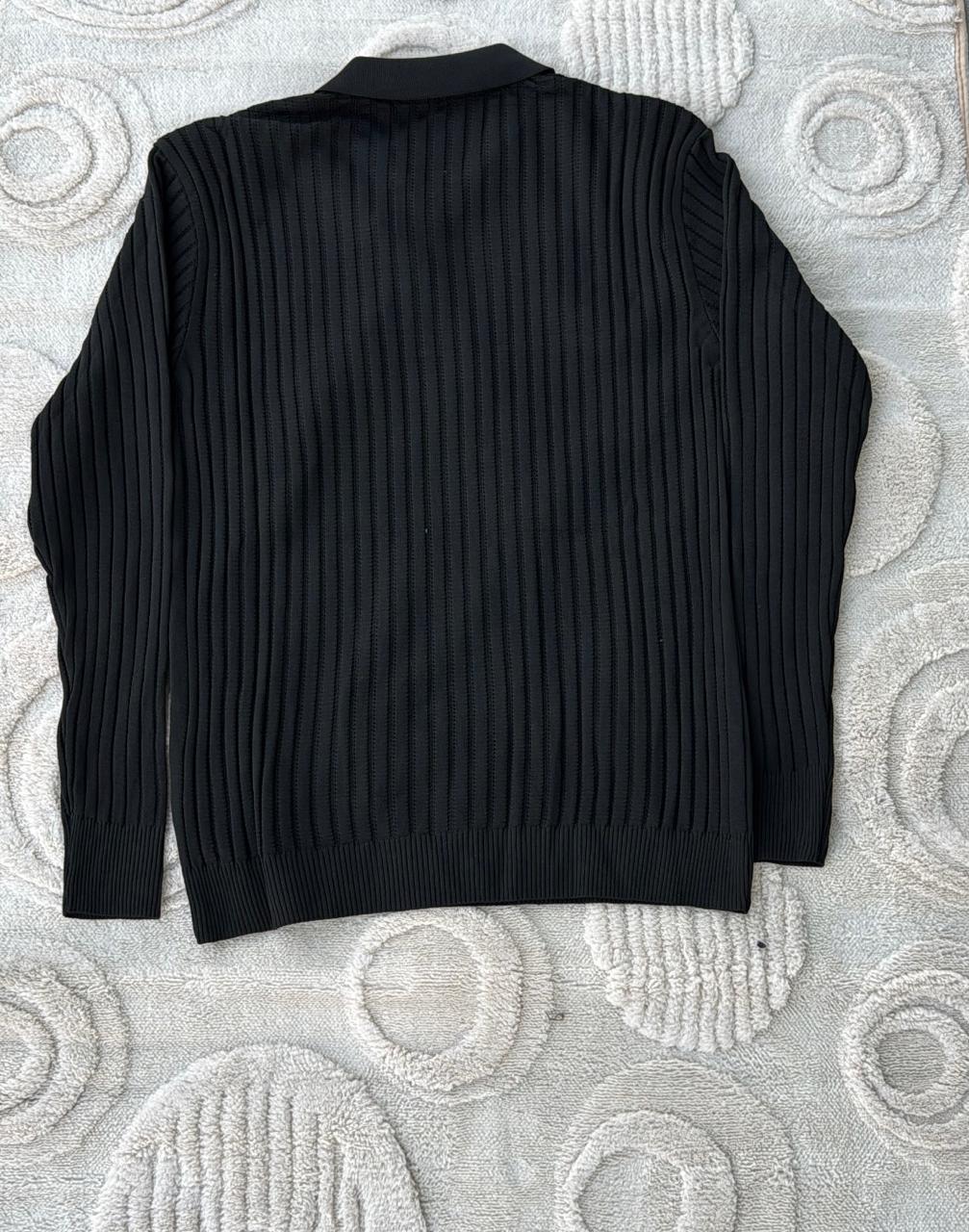 Zara Black Ribbed Knit Quarter-Zip Polo Sweater
