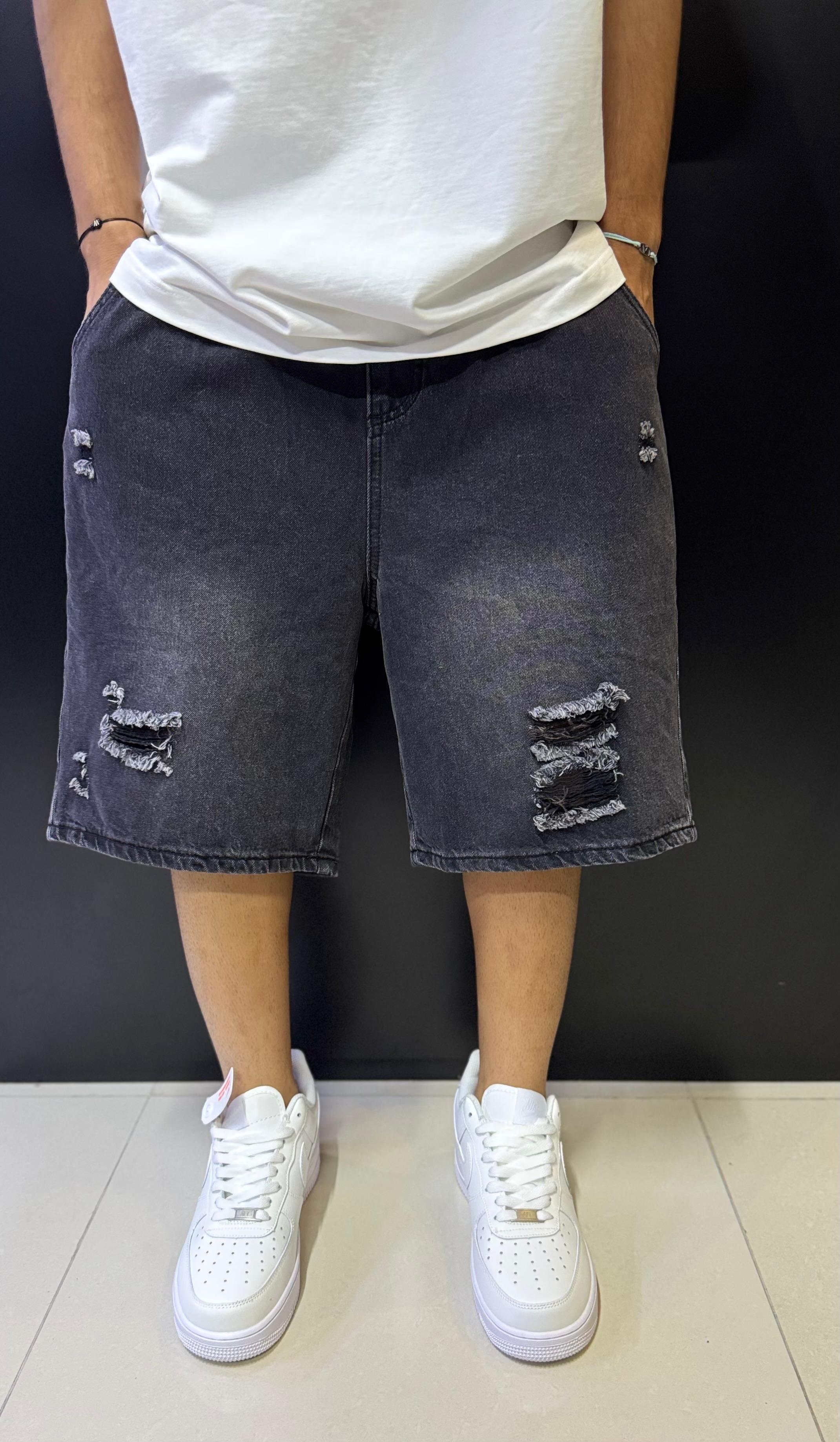 Men's Distressed Washed Black Denim Shorts