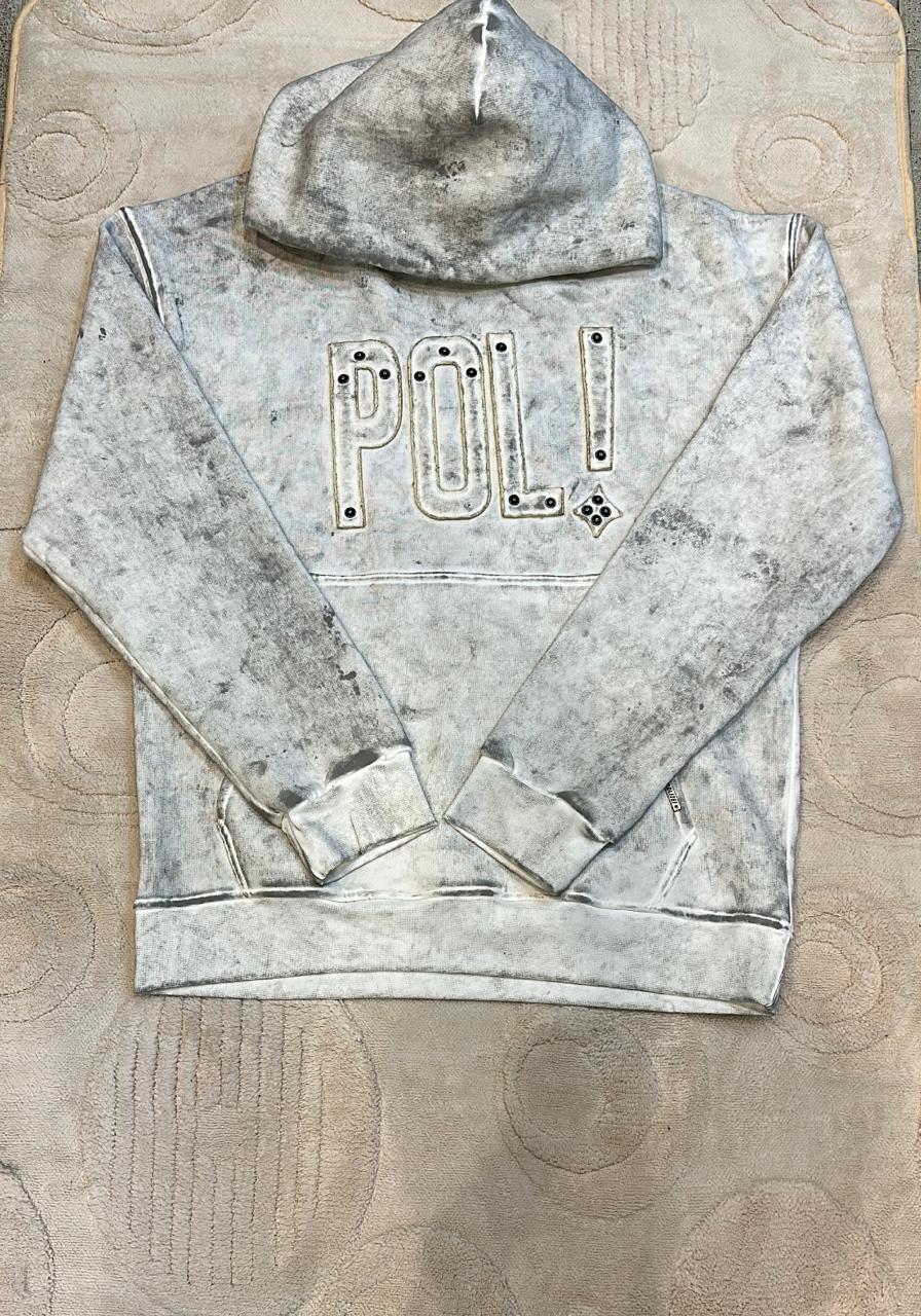 Vintage Wash "POLI" Studded Distressed Hoodie - Grey/White