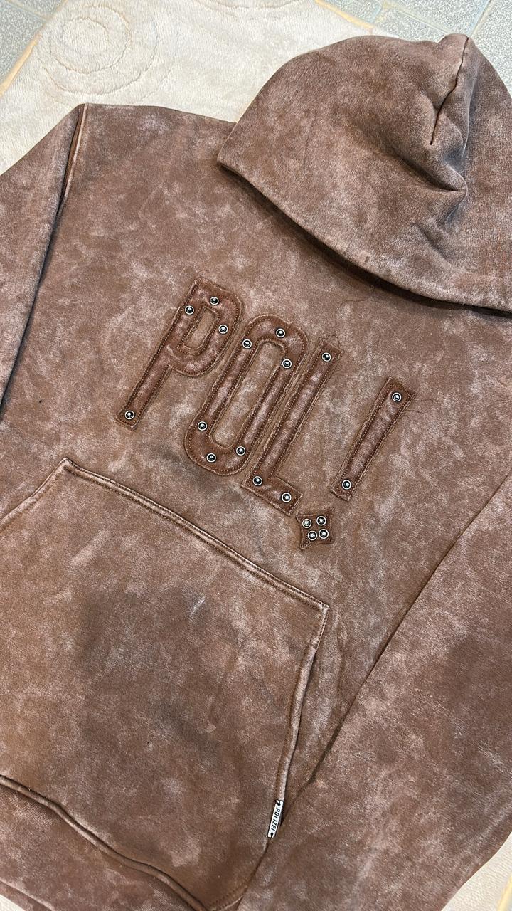 Vintage-Washed Brown Hoodie with Studded 'POLI!' Embroidered Logo