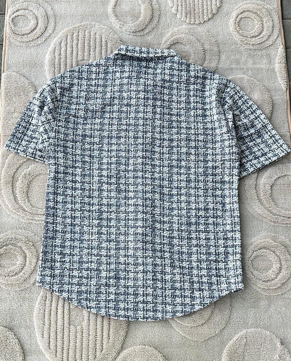 Navy & White Bouclé-Knit Short Sleeve Shirt | Textured Plaid Button-Down