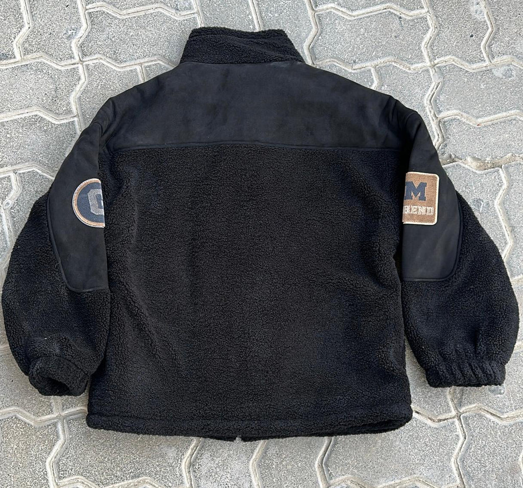 Black Sherpa Fleece Zip-Up Jacket | Suede Patch & Patches Streetwear Outerwear