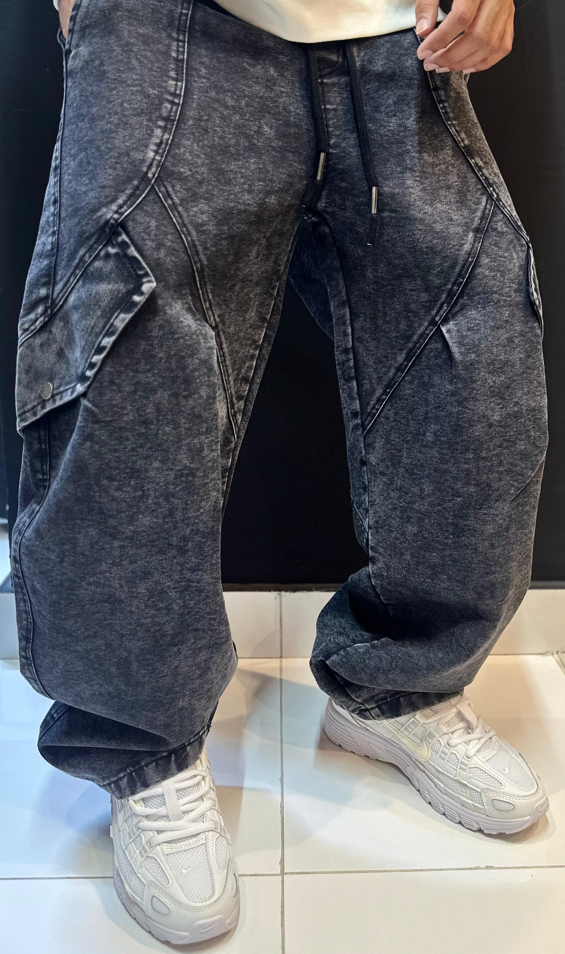 Deep Charcoal Acid Wash Baggy Cargo Denim
