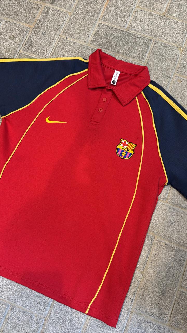 Nike FC Barcelona Red Polo Shirt - Navy Blue Sleeves & Yellow Trim