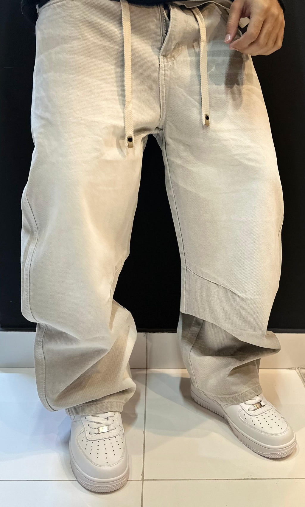 Pale Beige Baggy Trousers with Extra Long Drawstring